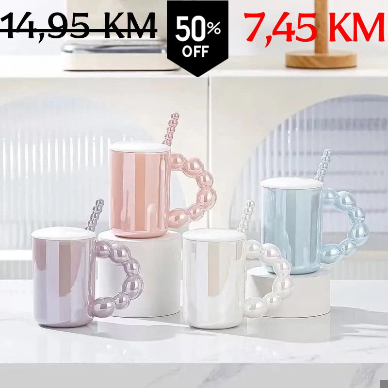 Set pastelnim bojama keramičke šolje s bisernim ručkama, sjajnim završnim slojem, žlicom i poklopcem