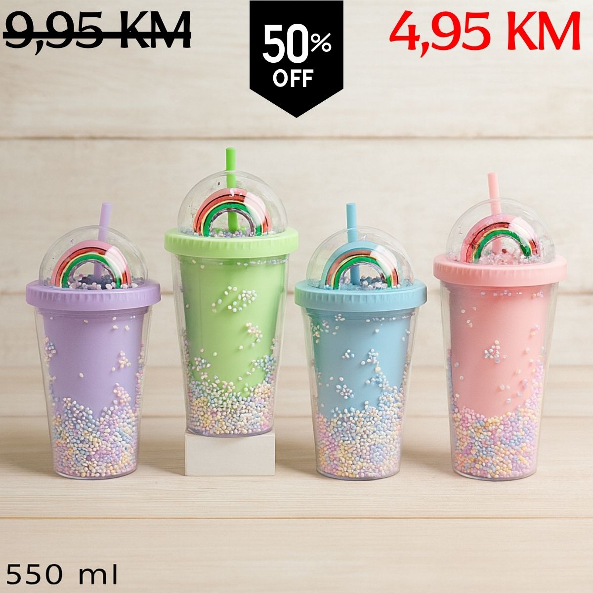 Pastelno obojane prozirne plastične boce CANDY RAINBOW FLAŠA s dužinom kupolom i šljokicama