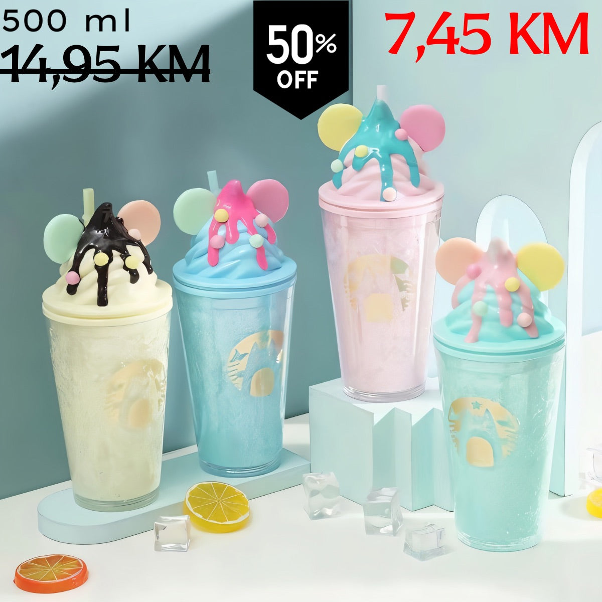 Pastelno obojane prozirne plastične boce CREAM CAT LATTE FLAŠA s ušima Mickey Mousea i ukrasima sladoleda