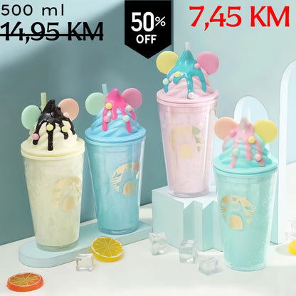 Pastelno obojane prozirne plastične boce CREAM CAT LATTE FLAŠA s ušima Mickey Mousea i ukrasima sladoleda