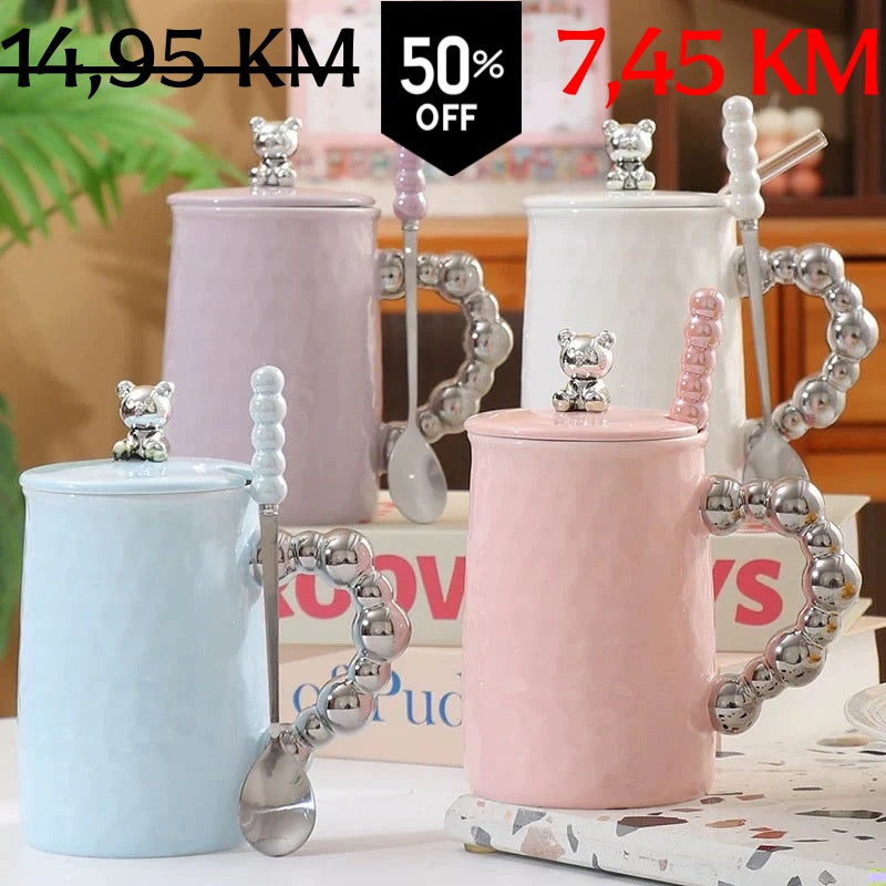 Roza keramička šalica Pearl Bear set s medvjeđom figurom i poklopcem