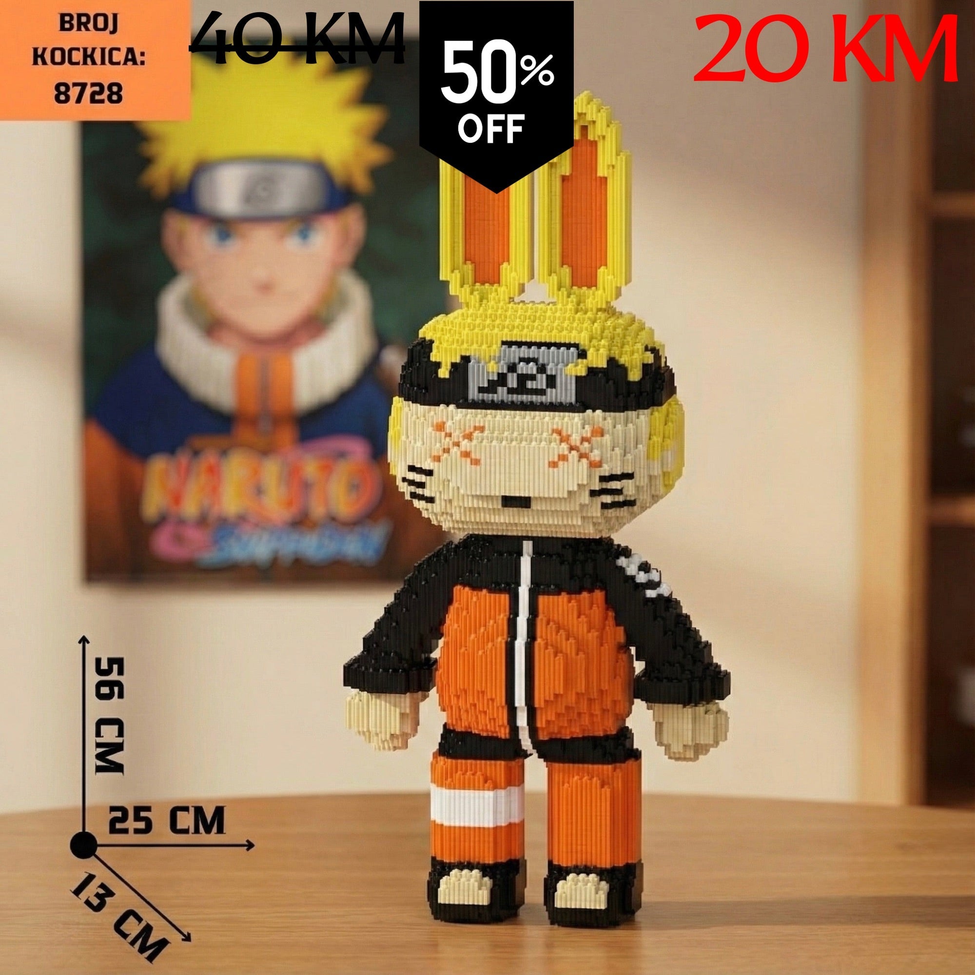 Pixelirana Naruto figurina od 8728 narančasto-crnih kockica s Uzumaki simbolom
