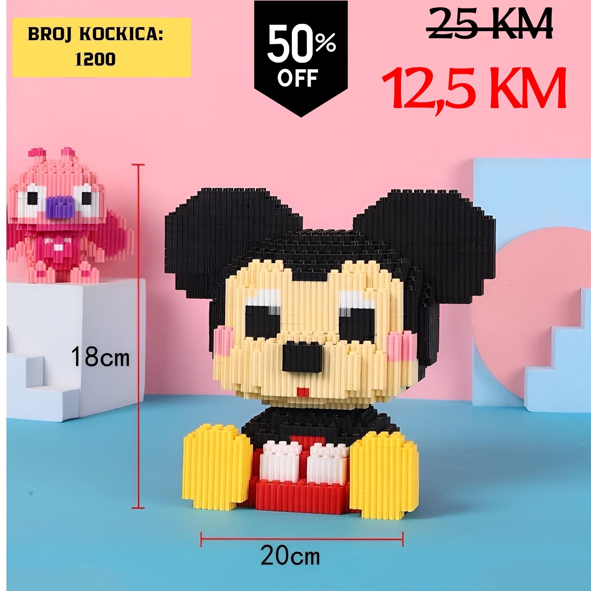 Pixelirana Mickey Mouse figura od 1200 Lego kockica s crnim ušima i tijelom