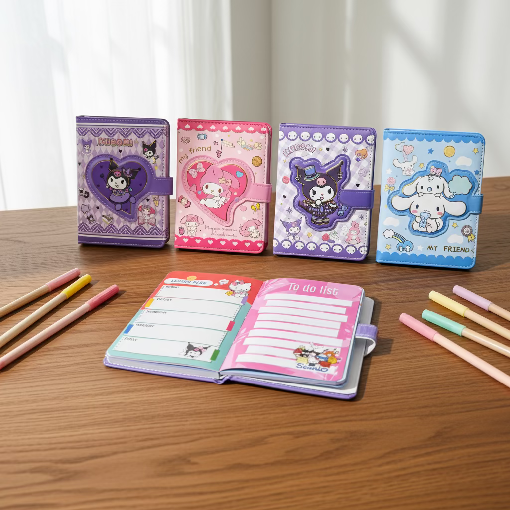 Kuromi Cinnamoroll Melody mini planer A6 s magnetom, srce dizajn s ljubičastim i ružičastim naglascima