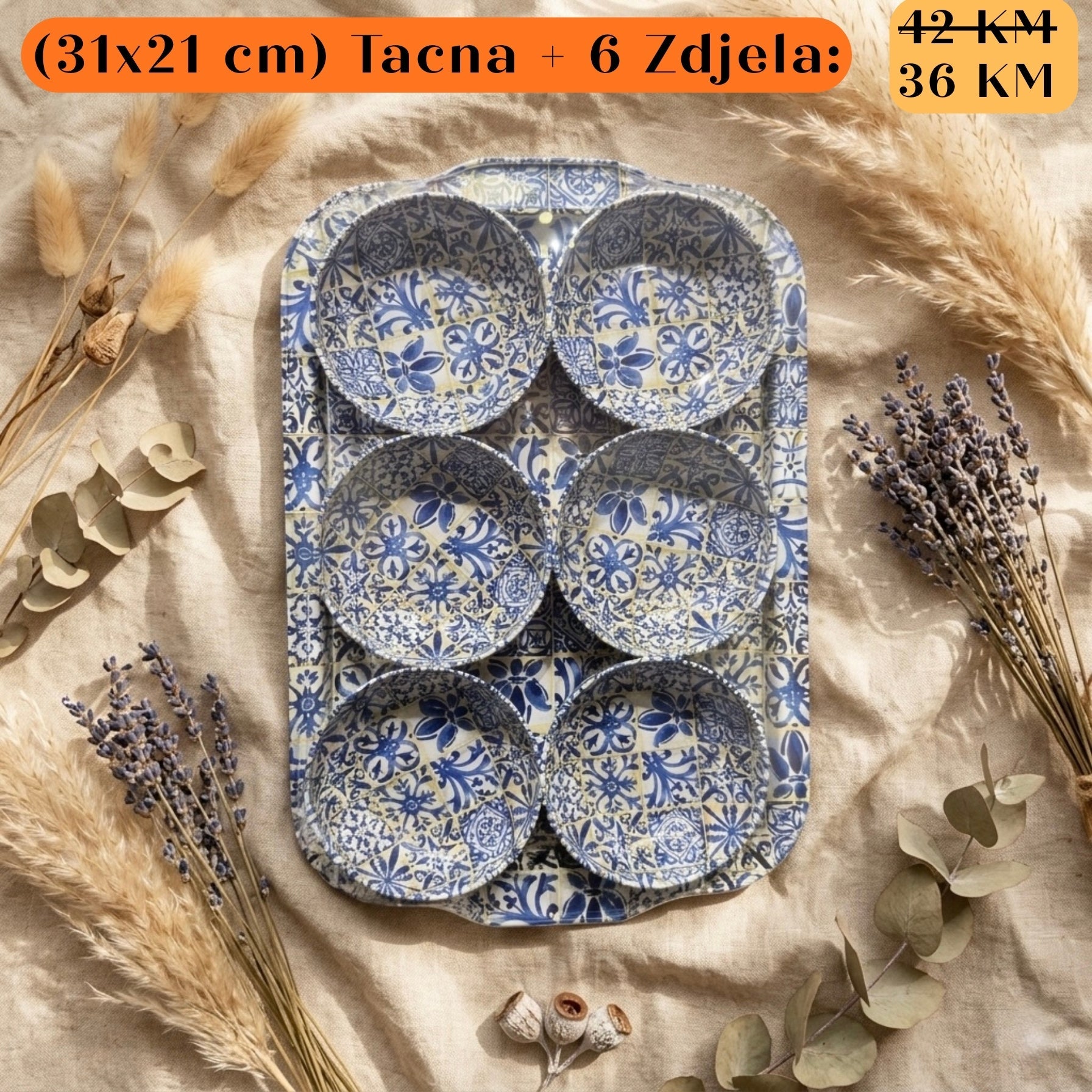 POKLON SET Tacna + 6 zdjela: plavi bijeli cvjetni keramički set