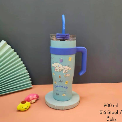 Plavi Cinnamoroll termos boca od nehrđajućeg čelika s ručkom i slamkom