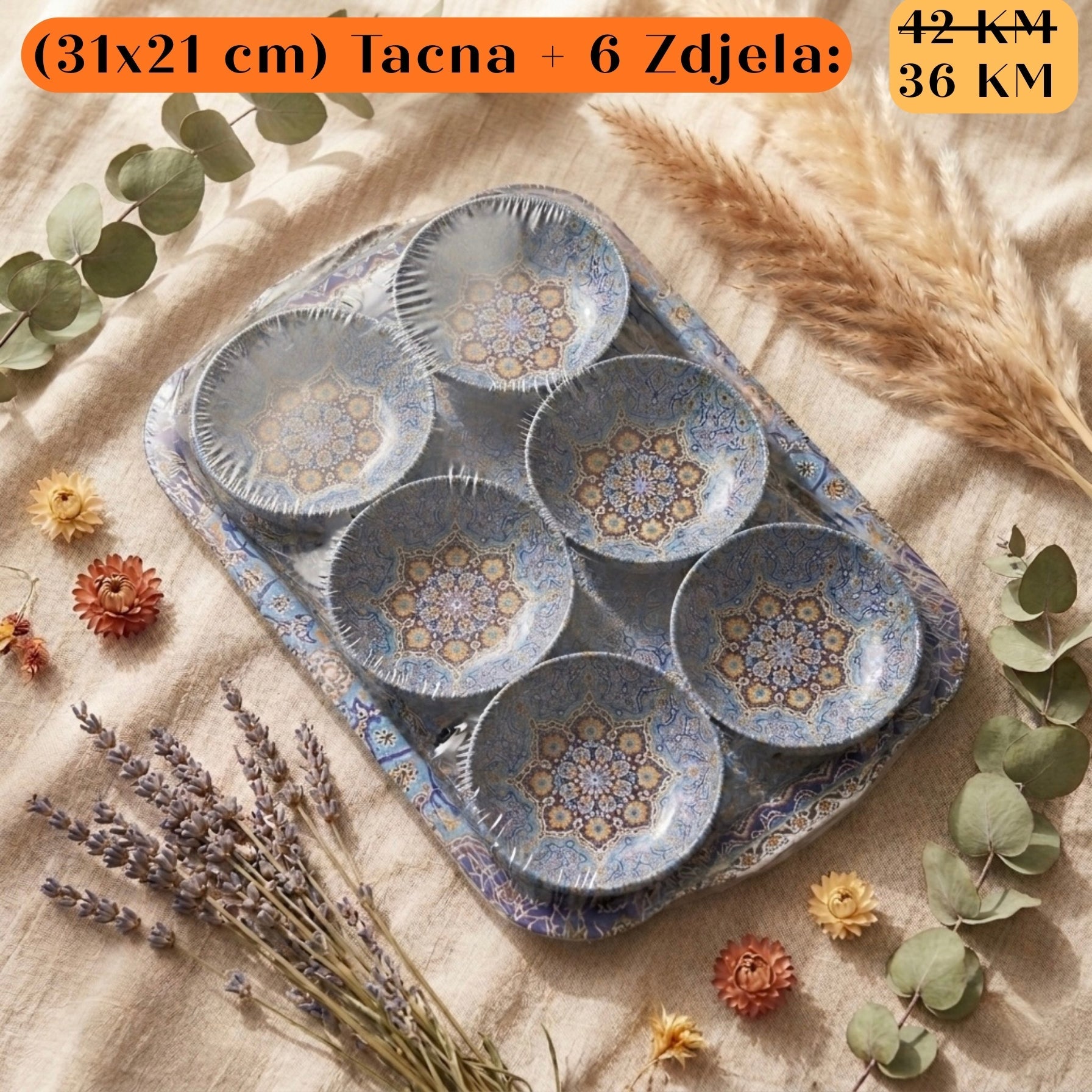 Plavi keramički set POKLON: Tacna + 6 zdjela s mandalama u zlatu i ljubičastoj