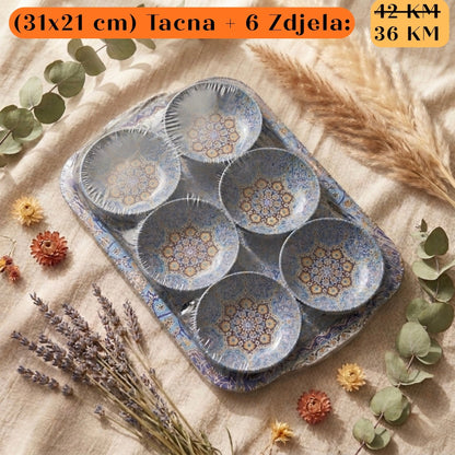 Plavi keramički set POKLON: Tacna + 6 zdjela s mandalama u zlatu i ljubičastoj