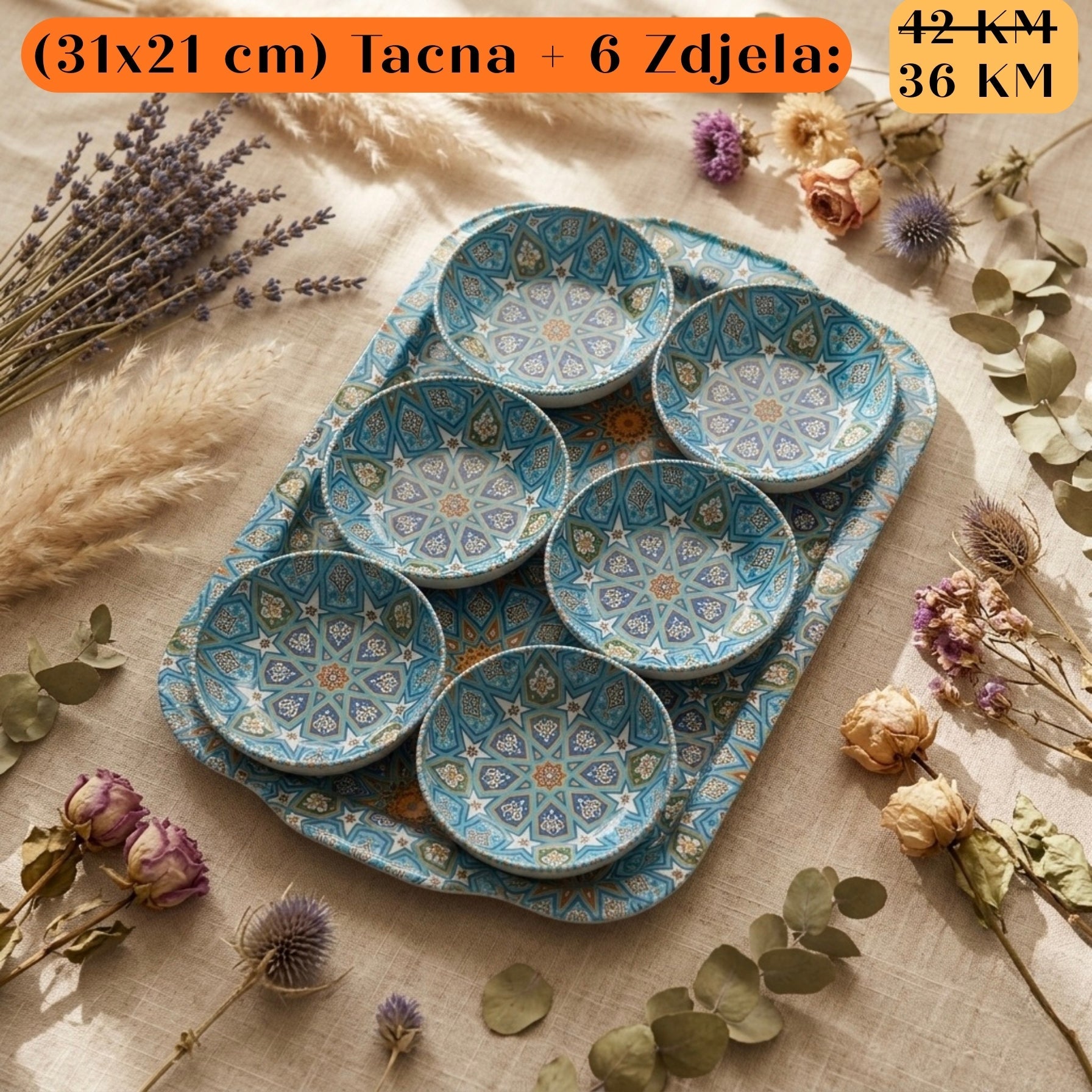 Plavi keramički set POKLON: Tacna + 6 zdjela s uzorcima