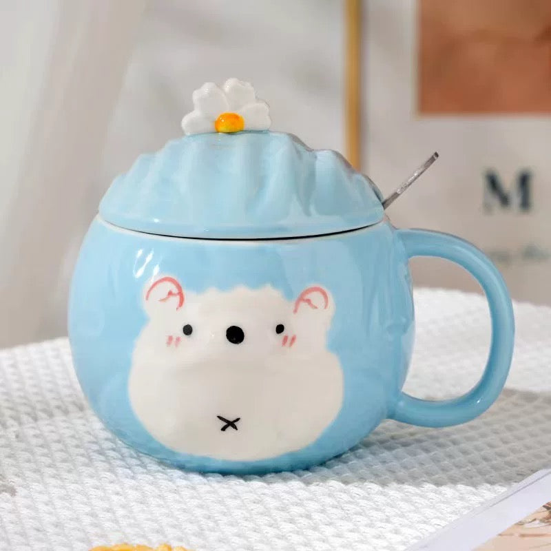 Plava keramička šolja s licem životinje i poklopcem u Hamster keramički set