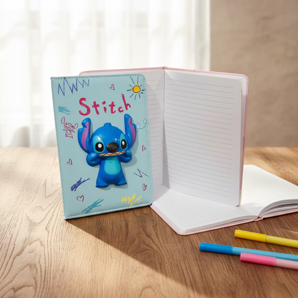 Plavi Stitch squishy rokovnik A5 s ružičastim rubovima i linijama
