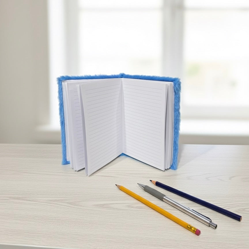 Plavi pušasti stitch rokovnik A5 s bijelim stranicama i držačem za olovku