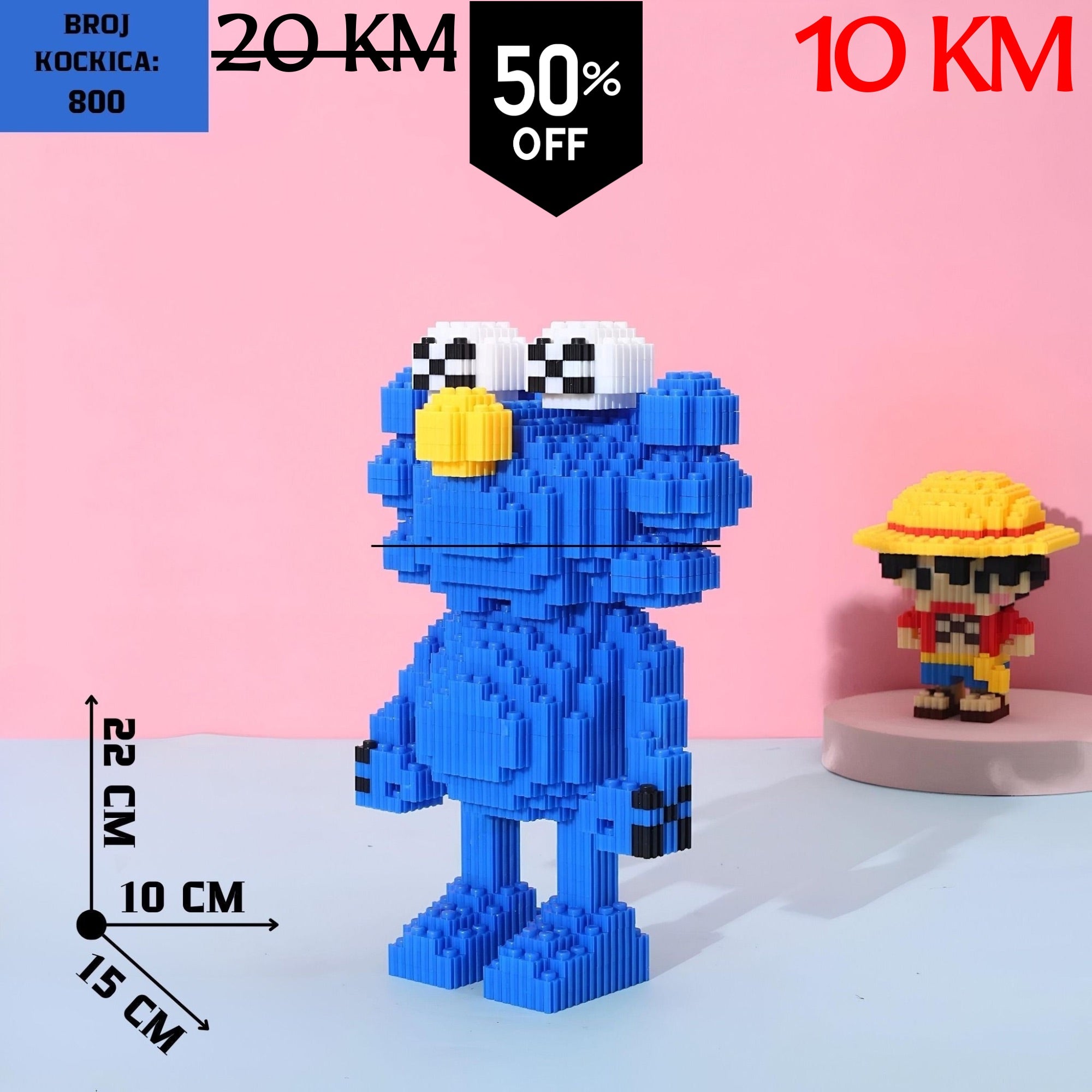 Plavi pikselirani Cookie Monster figurina s žutim nosom i šahovskim očima u SESAME STREET ELMO LEGO setu (800 kockica)
