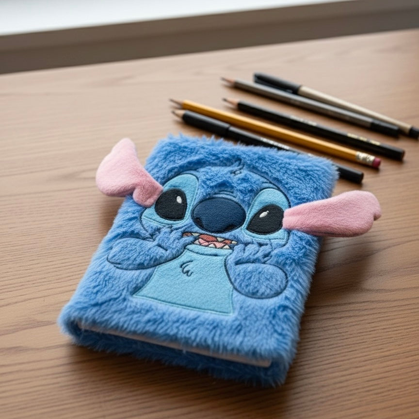 Plavi plišani Stitch rokovnik A5 s ušima i licem, mekane teksture