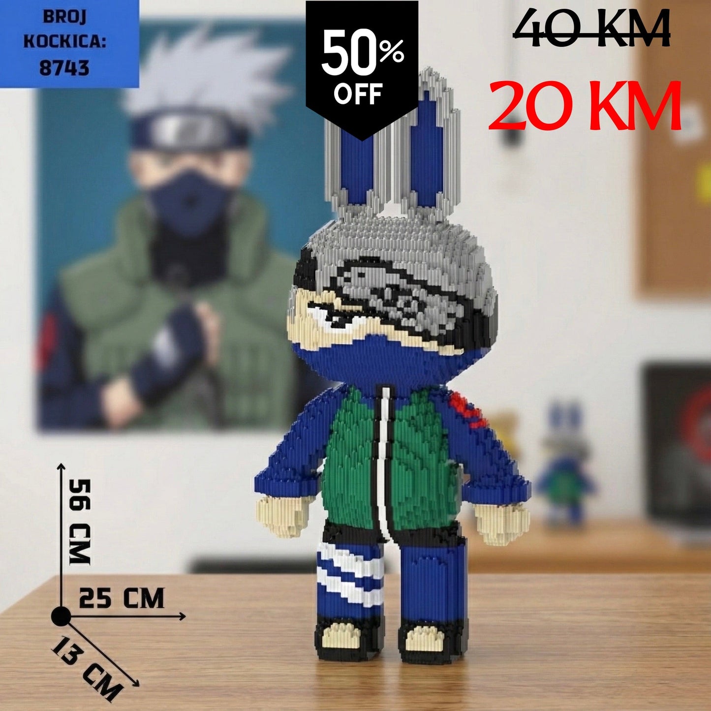 Plastični KAKASHI LEGO lik Naruto u plavo-zelenoj pikselnoj kocki (8743)