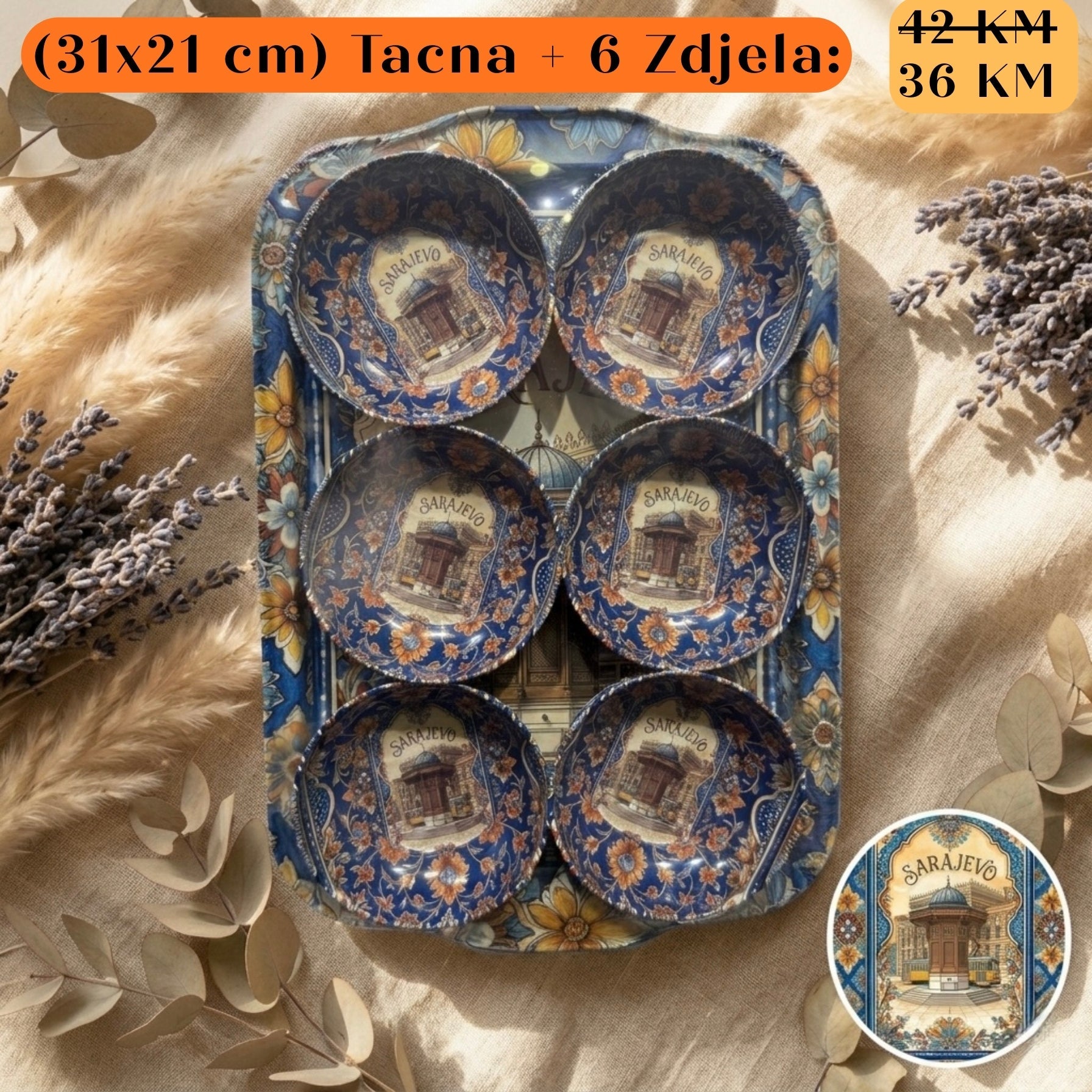 Plavi i zlatni POKLON SET: Tacna + 6 zdjela s motivima Sarajeva