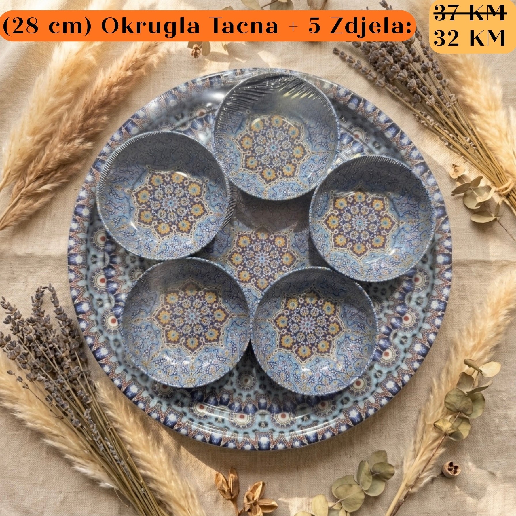 Plavi i zlatni POKLON SET Okrugla Tacna s 5 zdjela na pladnju