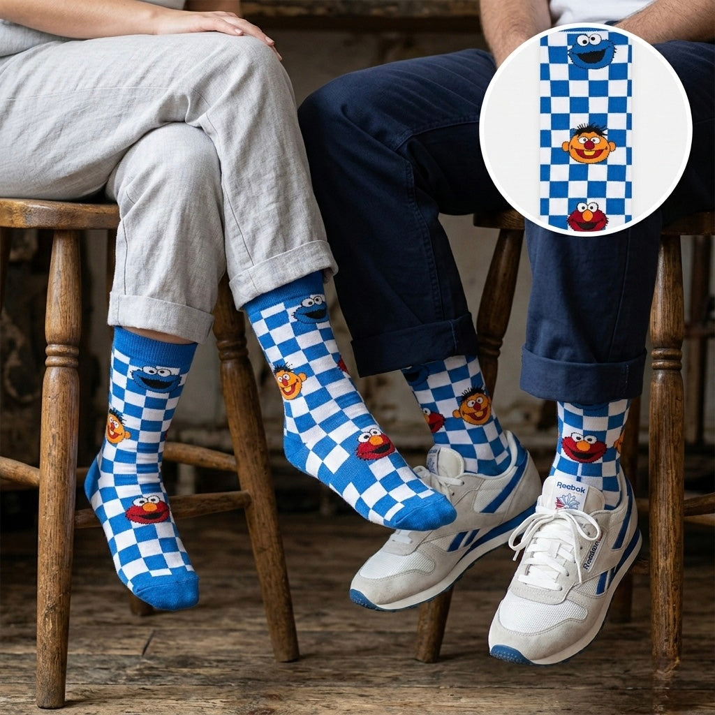 Plave i bijele karirane čarape s likovima Sesame Street Cookie Monster