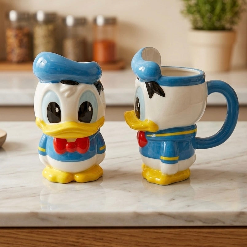 Plave i bijele keramičke donald duck šolje sa žutim kljunom, nogama i crvenom mašnom