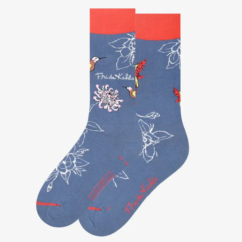Plave čarape Frida Kahlo s kolibrijima, plave s crvenim manžetama i cvijećem
