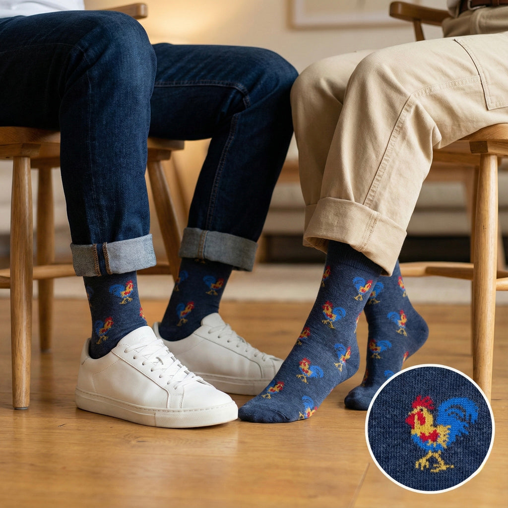 Plave čarape HOROZ ČARAPE s šarenim pijetlom u crvenoj, žutoj i plavoj boji