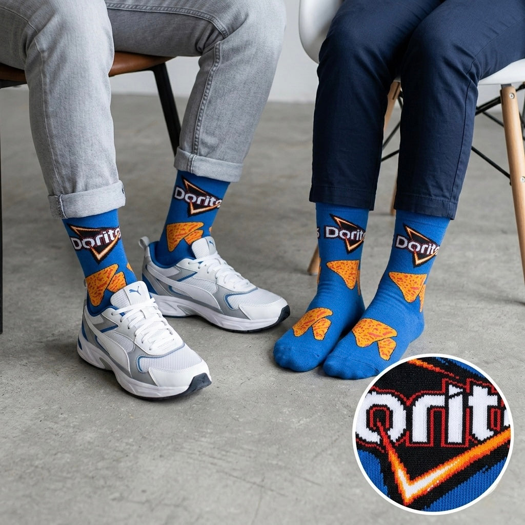 Plave Doritos čarape DUGE s narančastim čips grafičkim i logom, pletene