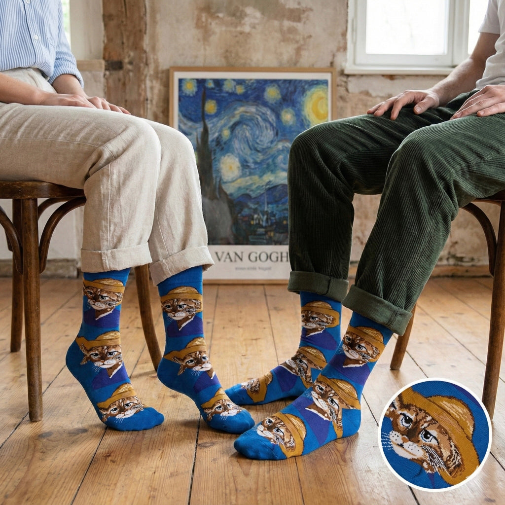 Plave čarape VAN GOGH CAT s portretima mačaka u slamnim šeširima