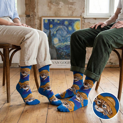 Plave čarape VAN GOGH CAT s portretima mačaka u slamnim šeširima