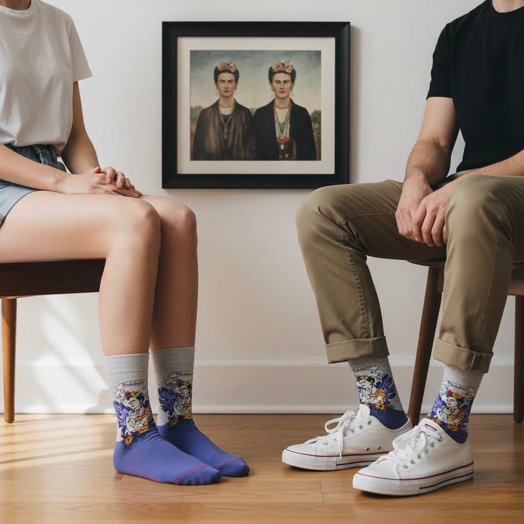 Plave čarape Frida Kahlo s bijelim manžetnama