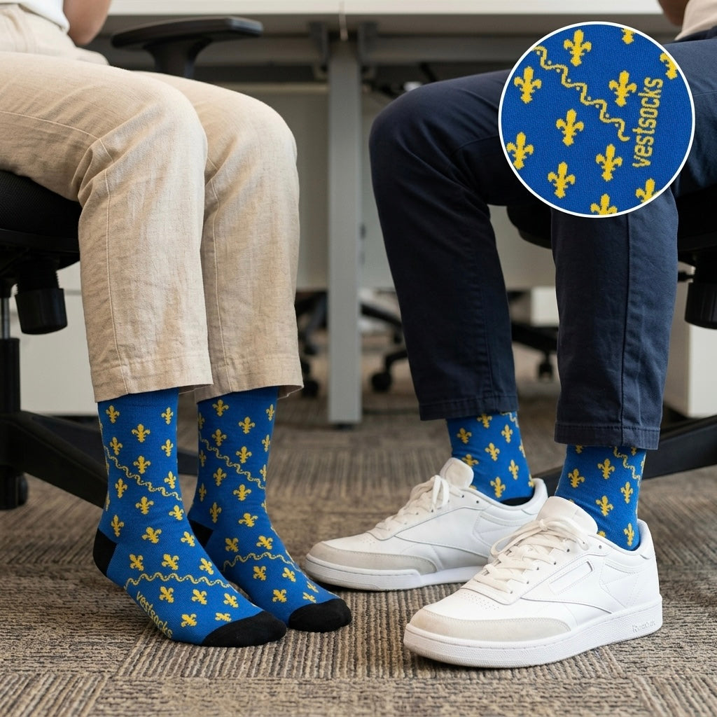 Plave čarape bosna i hercegovina ljiljan s žutim motivom ljiljana i crnim vrhovima westsocks