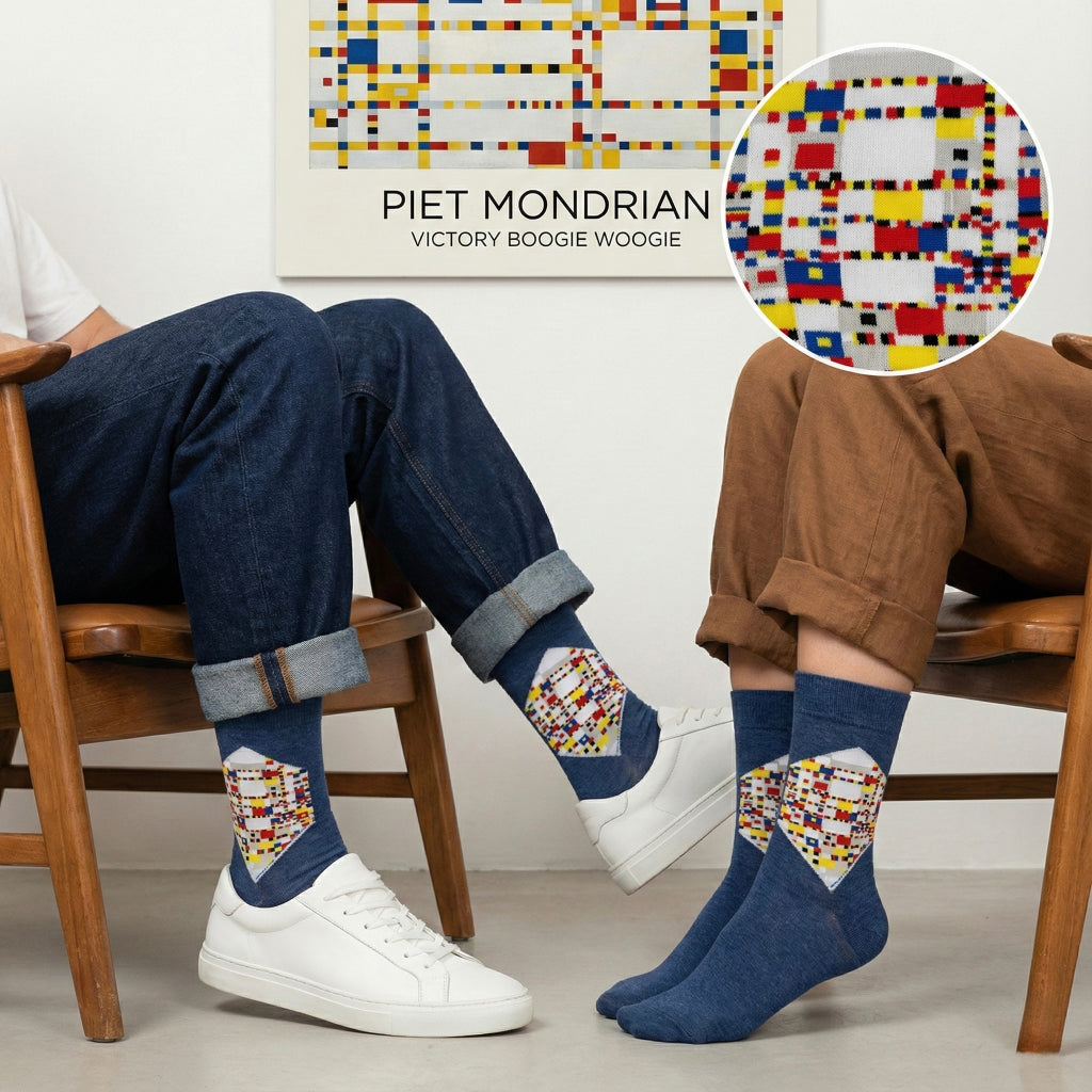 Plave čarape s geometrijskim uzorkom inspiriranim Pietom Mondrianom, Piet Mondrian Victory Boogie Woogie