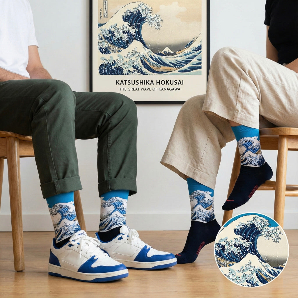 Plavi i crni čarape s detaljnim otiskom Hokusaiove Velike valove Kanagave