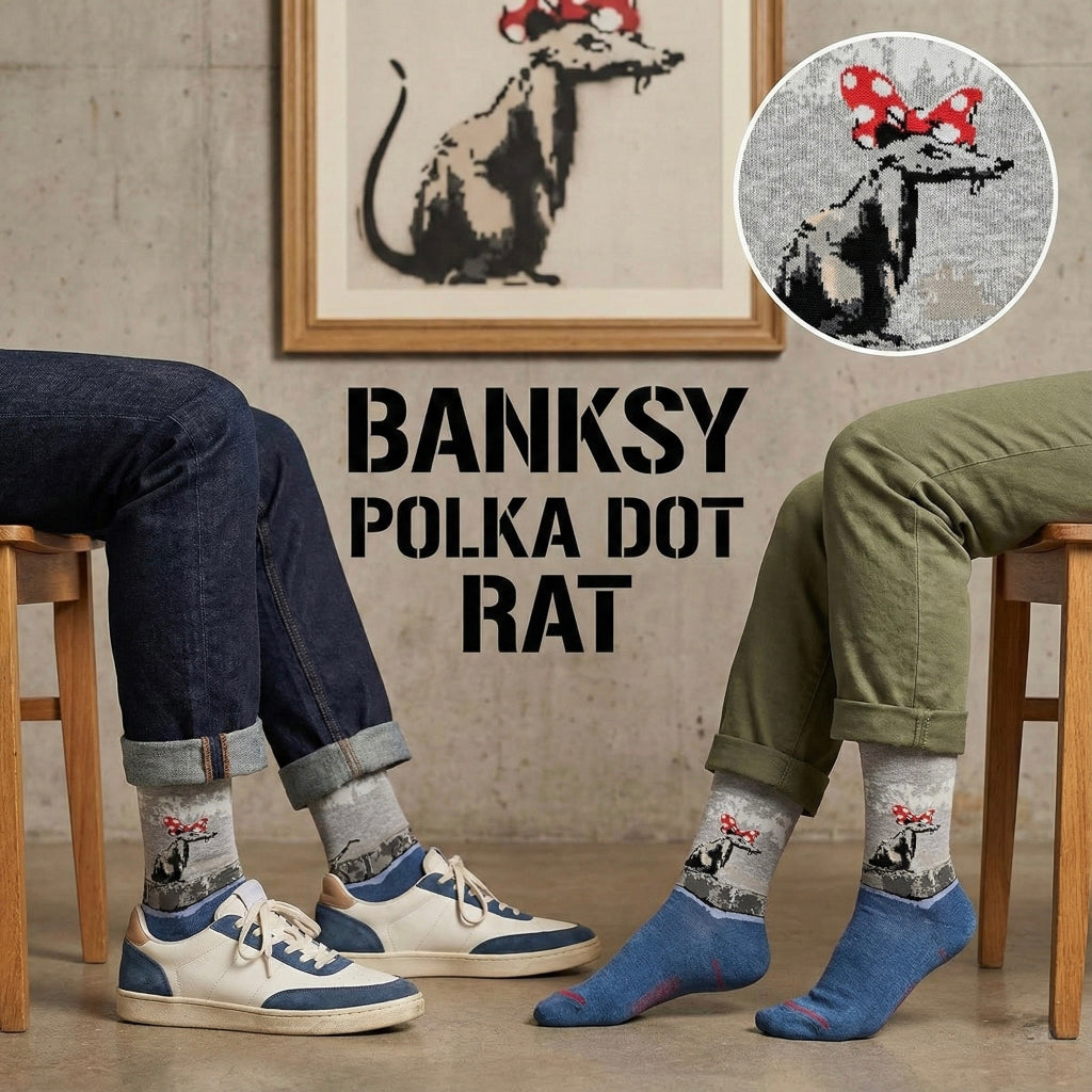 Banksy polka dot štakor čarape u plavoj i sivoj boji s crvenom mašnom