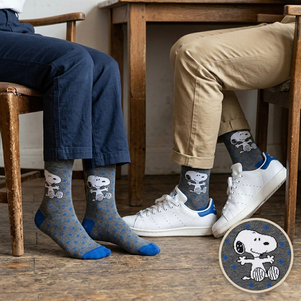 Plave i sive uzorkovane čarape s bijelim Snoopy dizajnom i plavim akcentima.