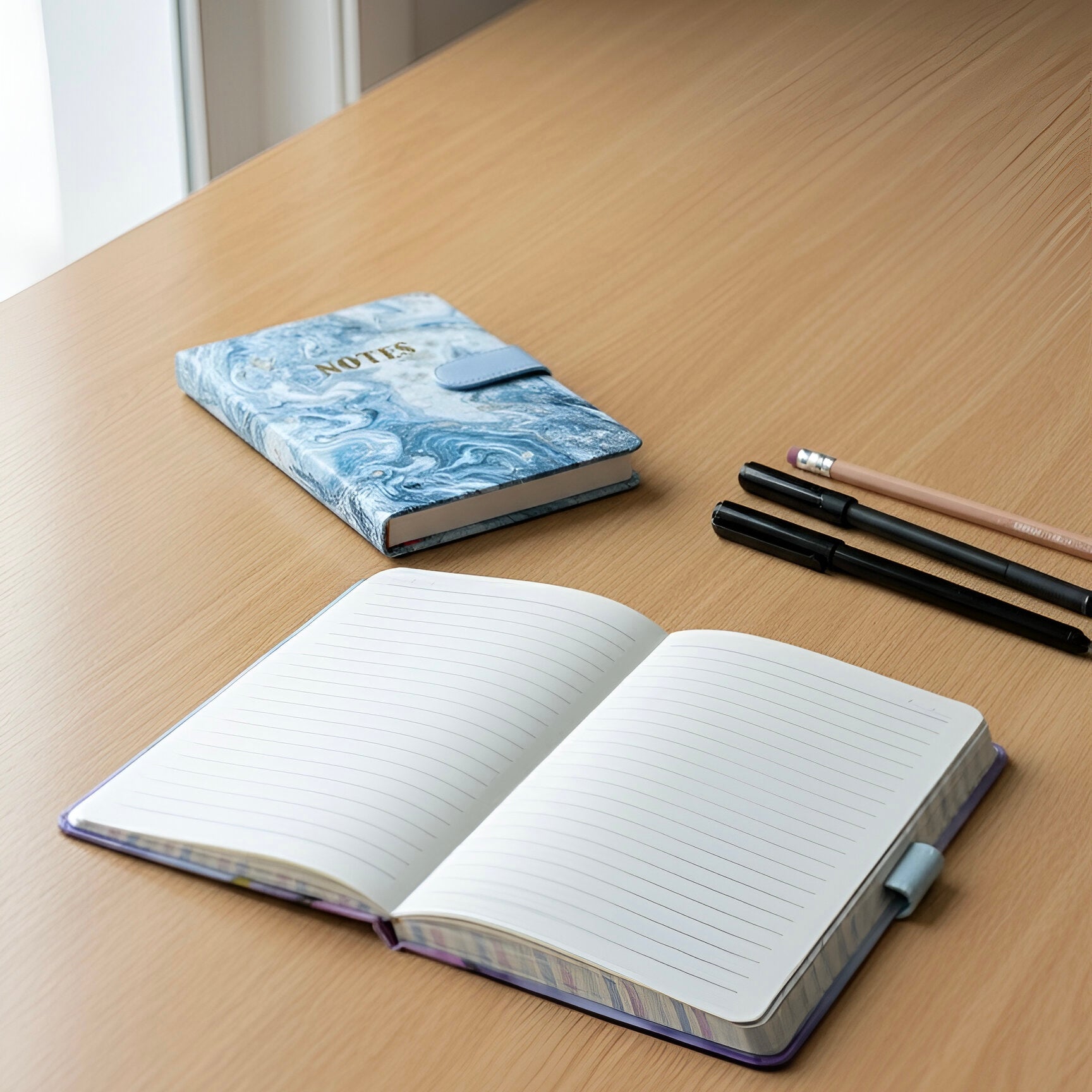 Plavi mramorni notes s magnetom Paint Art A5 i crnim olovkom