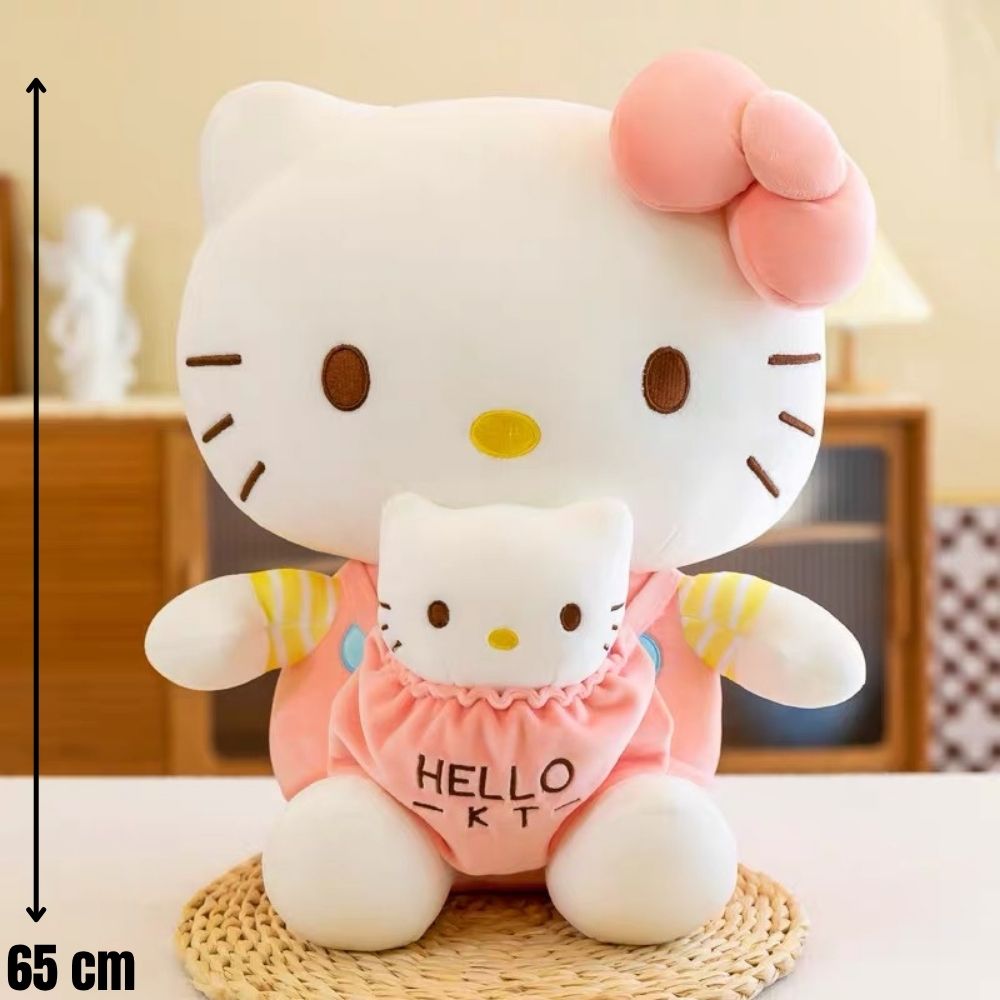Hello kitty plišani jastuk 65 cm s bijelim tijelom, ružičastom mašnom i ružičastim odjelom sa žutim prugama