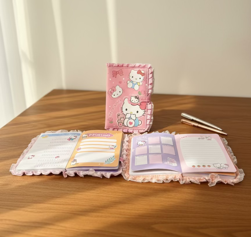 Hello Kitty ružičasti i bijeli notes set s čipkom i magnetom A5