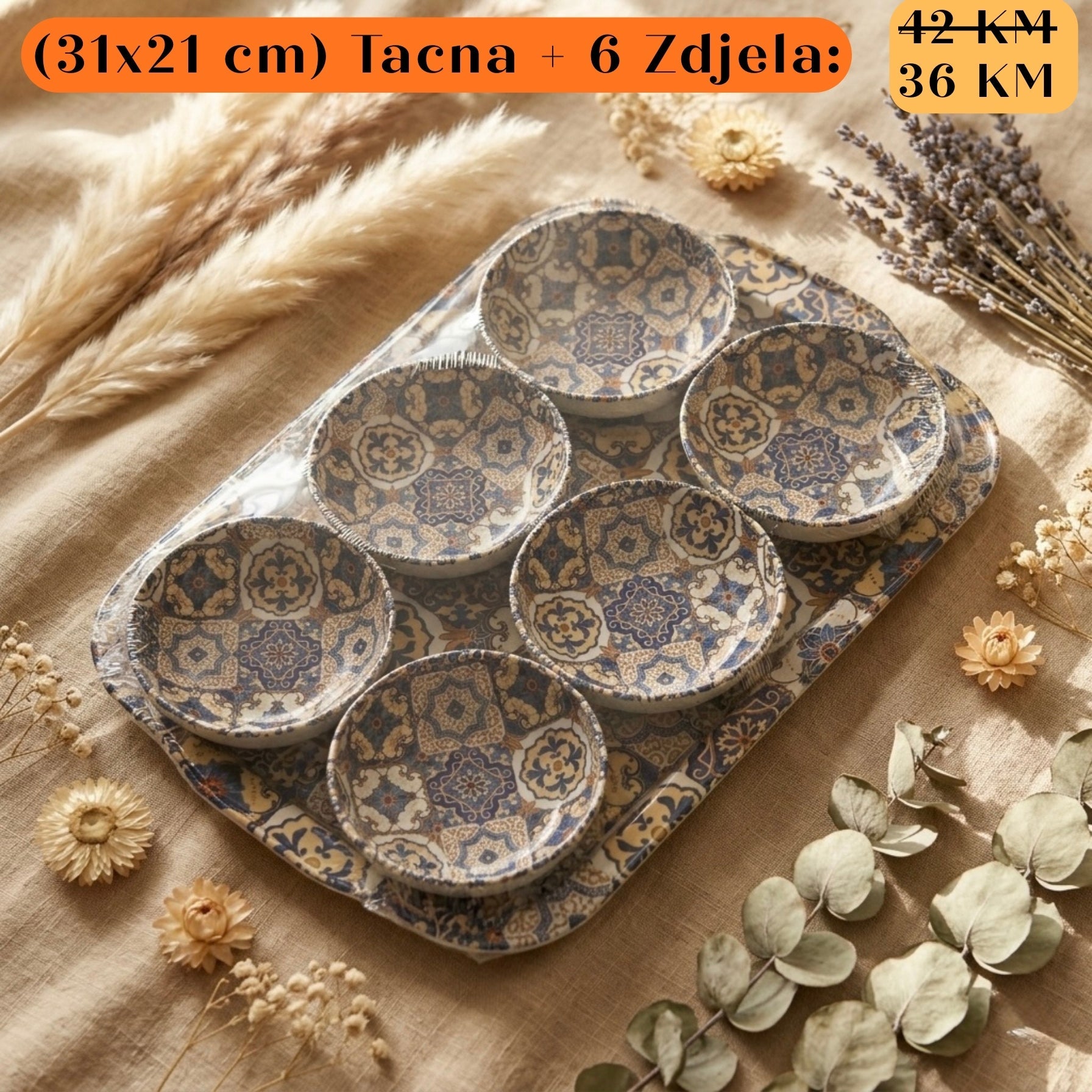POKLON SET Tacna + 6 zdjela: pravokutni keramički pladanj s 6 uzorkom zdjelama u plavo-bež geometrijskim motivima