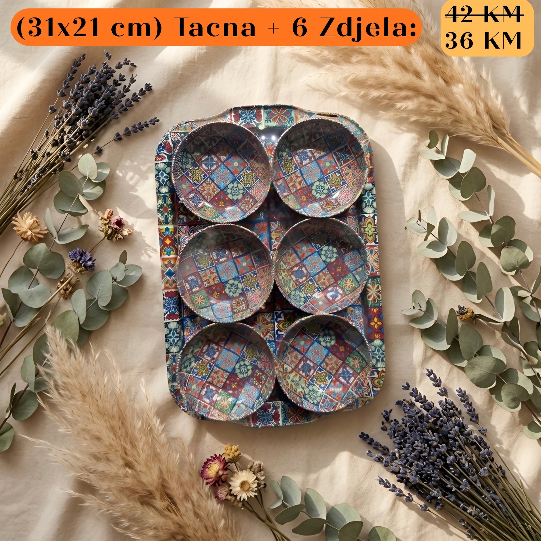 POKLON SET Tacna + 6 zdjela: pravokutni pladanj s 6 uzorkom zdjelama u plavoj, crvenoj i zlatnoj boji