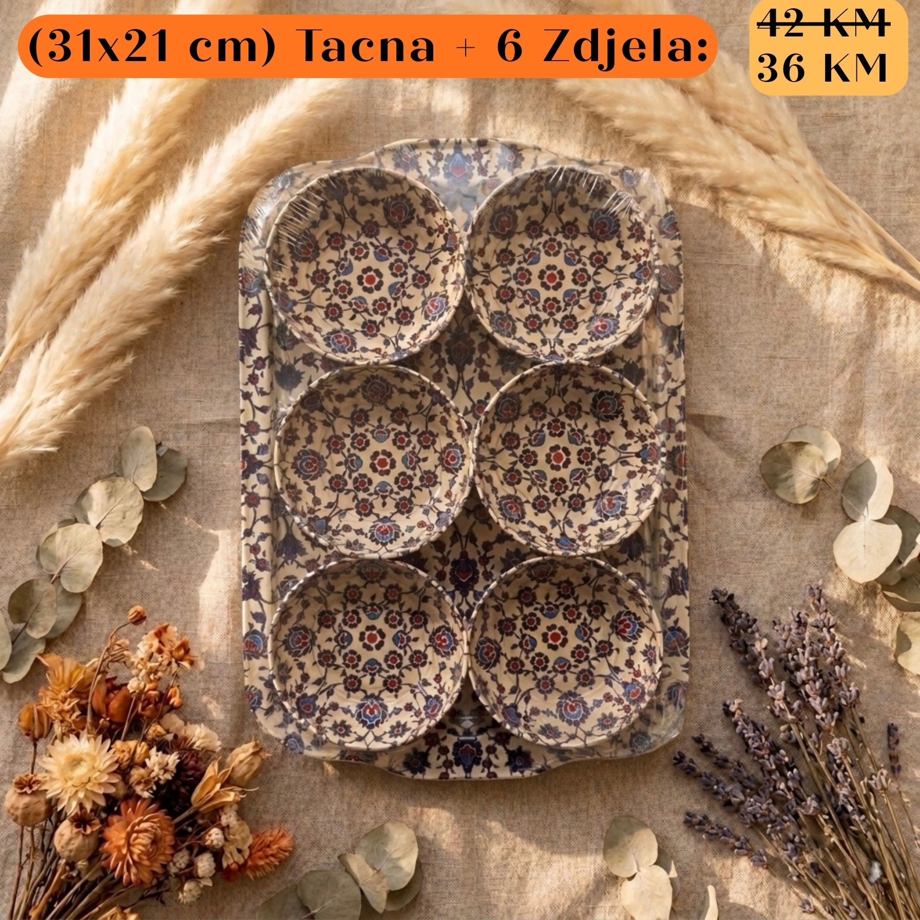 POKLON SET Tacna + 6 zdjela: pravokutni tanjur s 6 cvjetnih zdjela