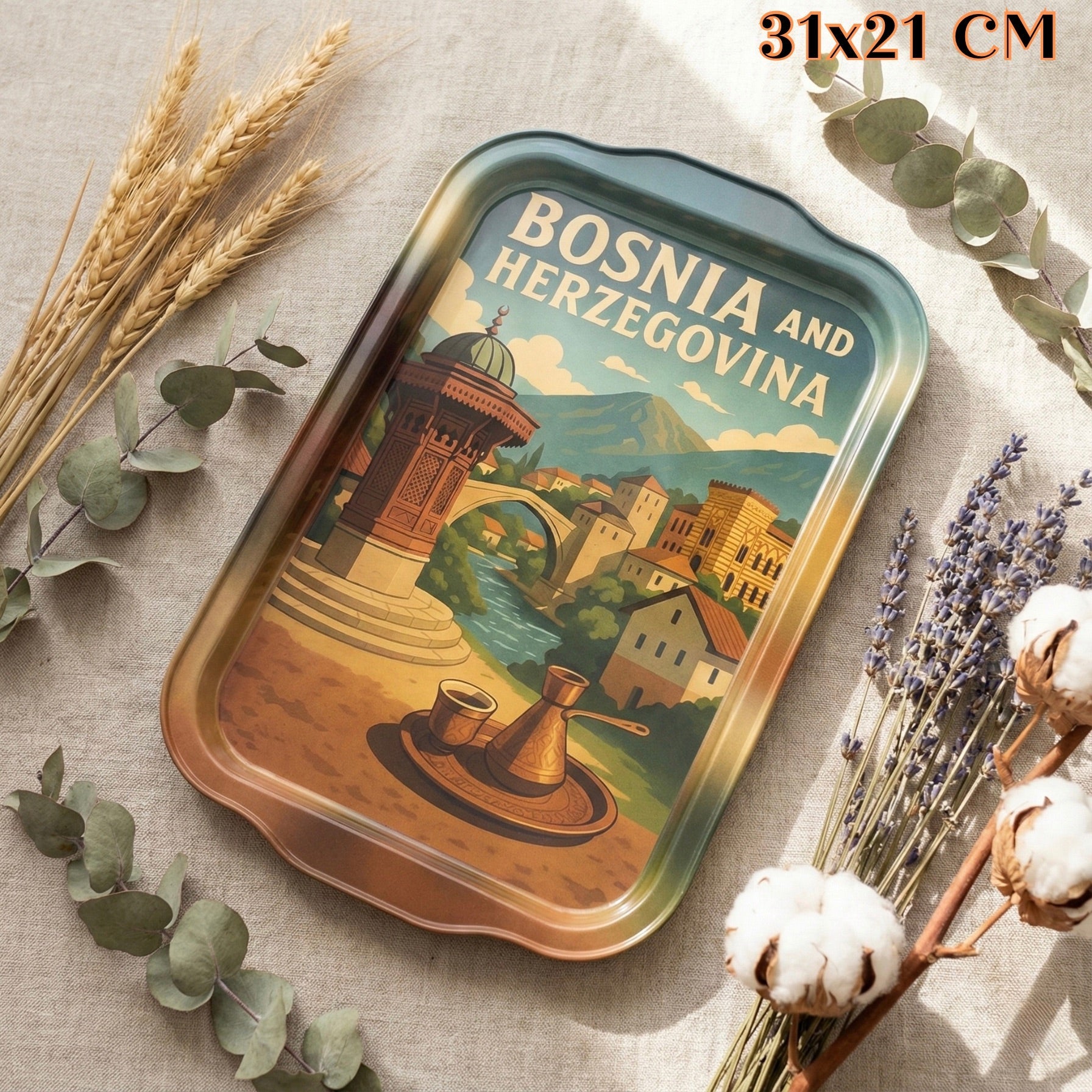 Tradicionalna metalna tacna s vintage posterom Bosne i Hercegovine