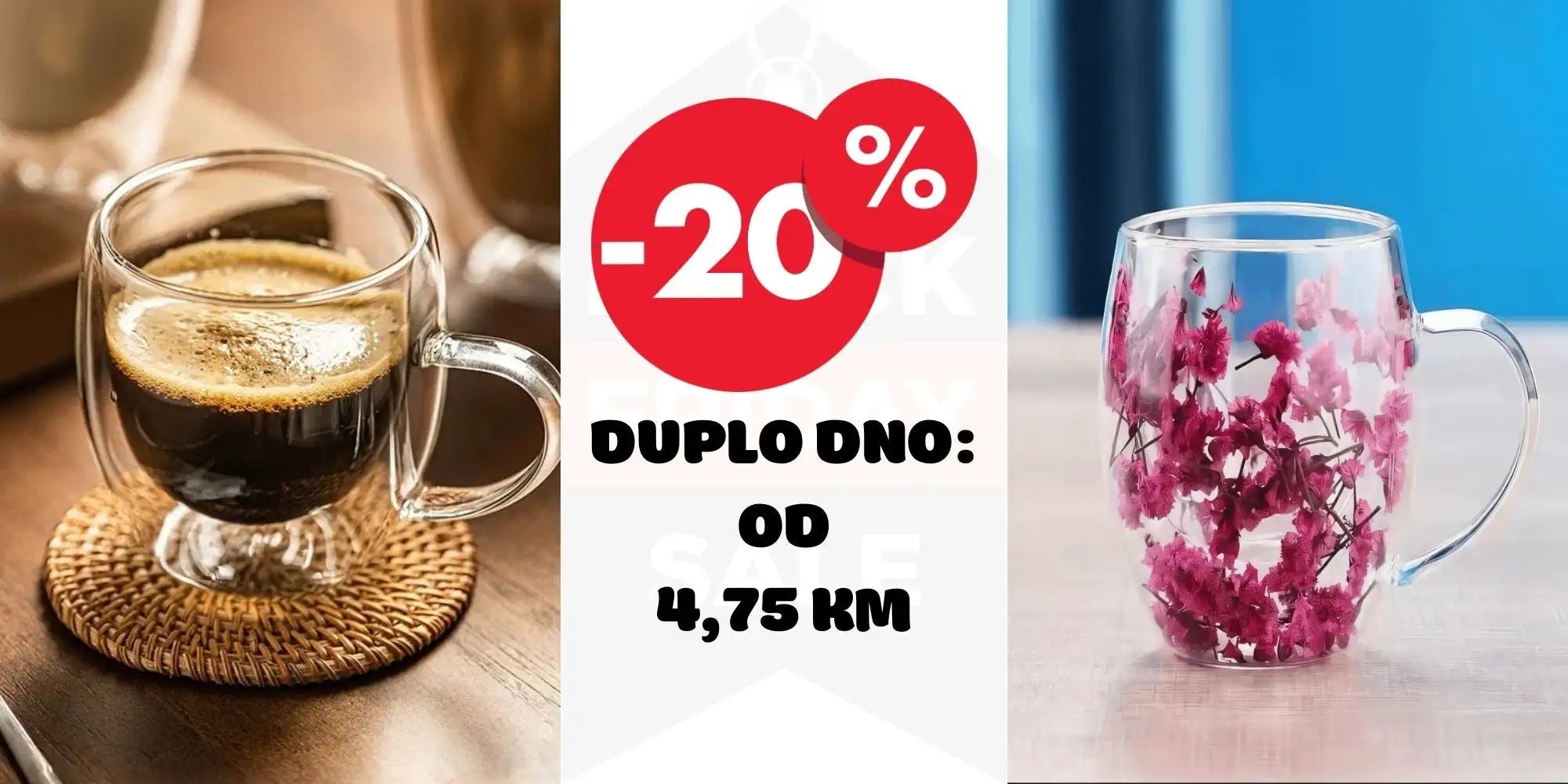 Prozirna dvostruko zadebljana staklena šalica s cvjetnim dizajnom, ružičaste cvjetnice na bijeloj pozadini.