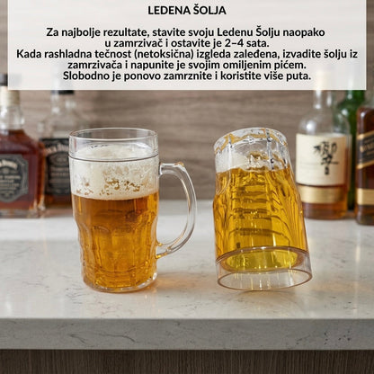 Jasne staklene pivske šolje s rebrastim bočnim stranama i čvrstim ručkama faKE BEER PIVO LEDENA ŠOLJA DUPLO DNO - Ledena krigla 400 ml