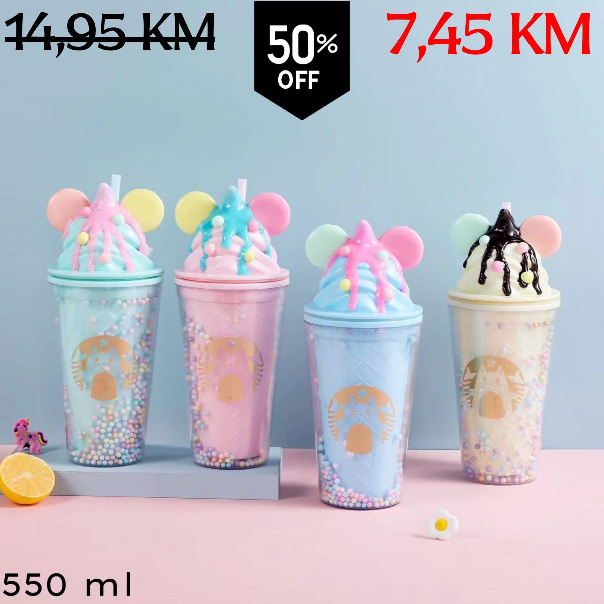 Prozirne plastične boce CAT CANDY FLAŠA s poklopcima u stilu Mickey Mouse uha i dizajnom sladoleda