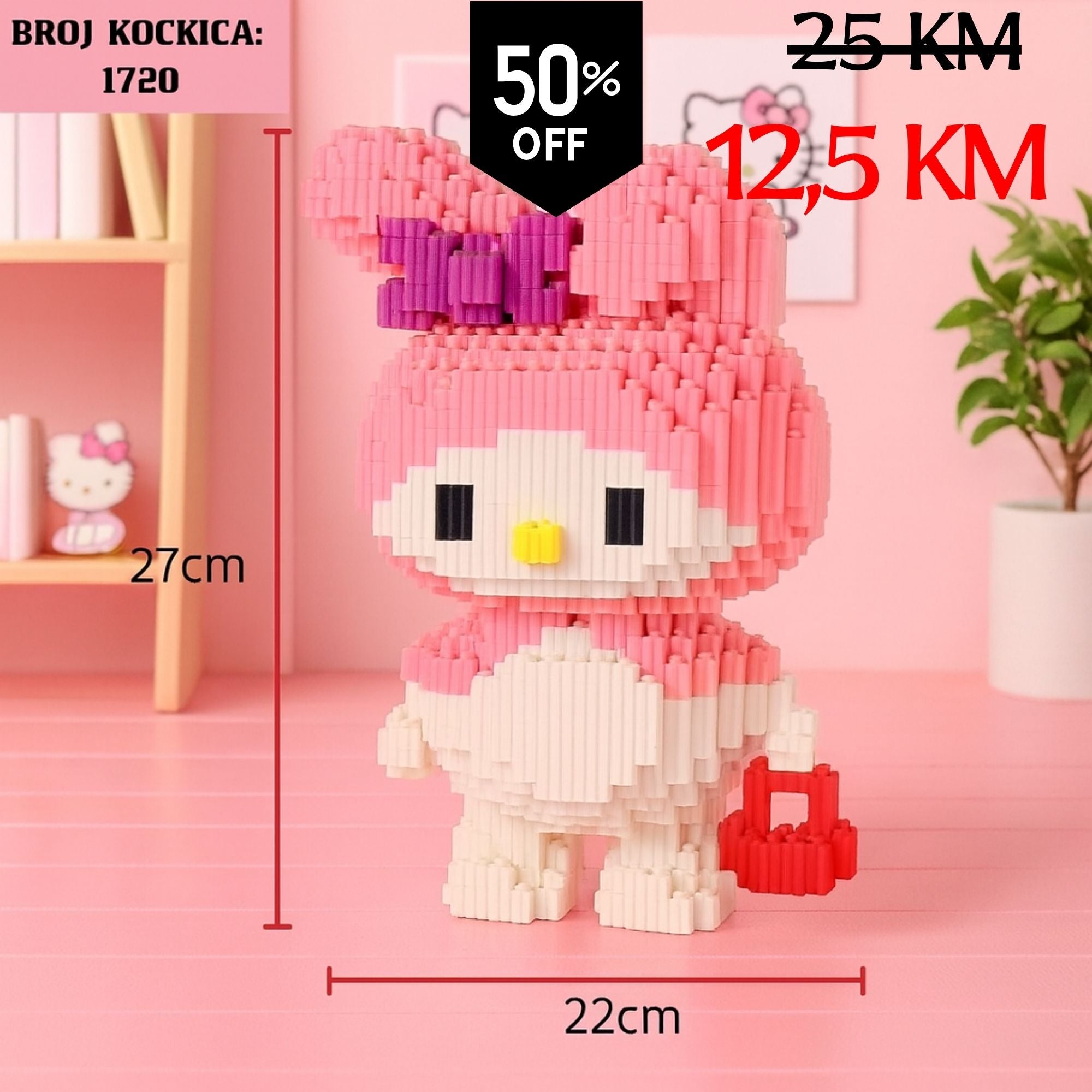 Roza i bijela My Melody figurina od 1720 kockica LEGO s ljubičastom mašnom