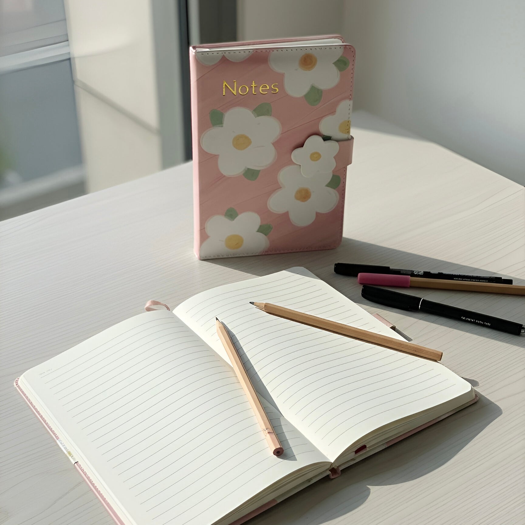 Ružičasti cvijet rokovnik s magnetom A5 i zlatnim slovima