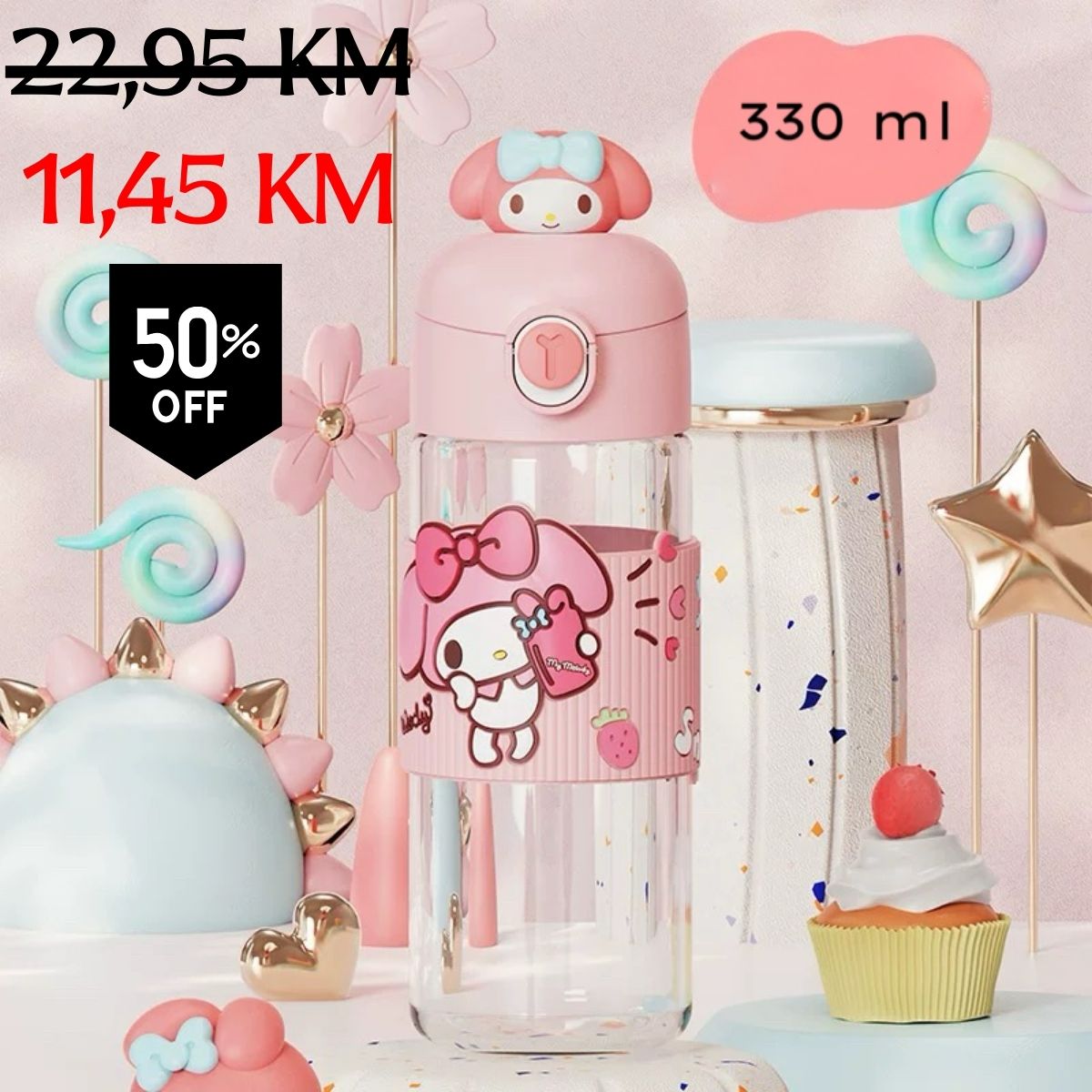 Ružičasta My Melody flaša s prozirnim tijelom i slatkim likom
