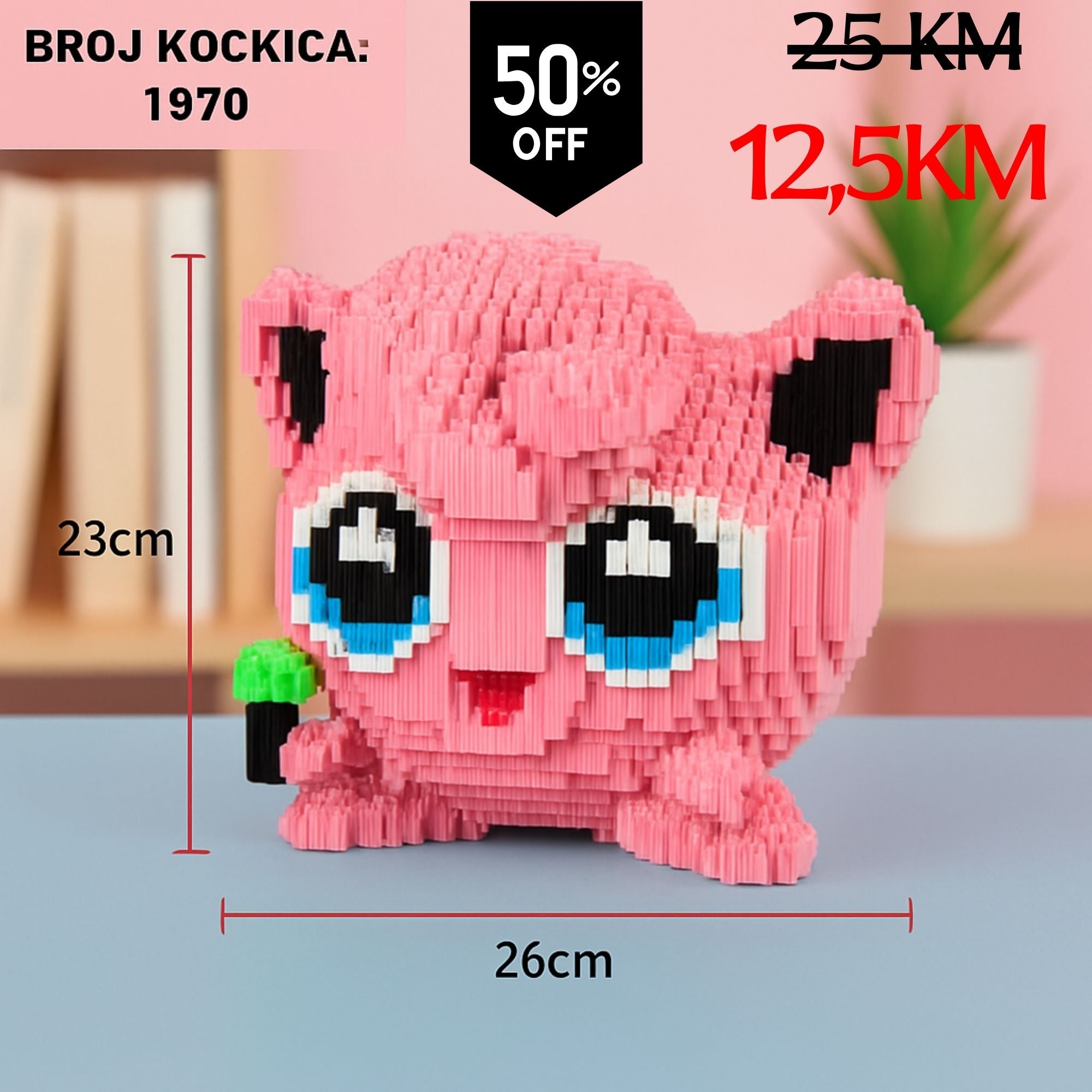 Roza Jigglypuff figurina od LEGO kockica (1970), s crnim i plavim očima