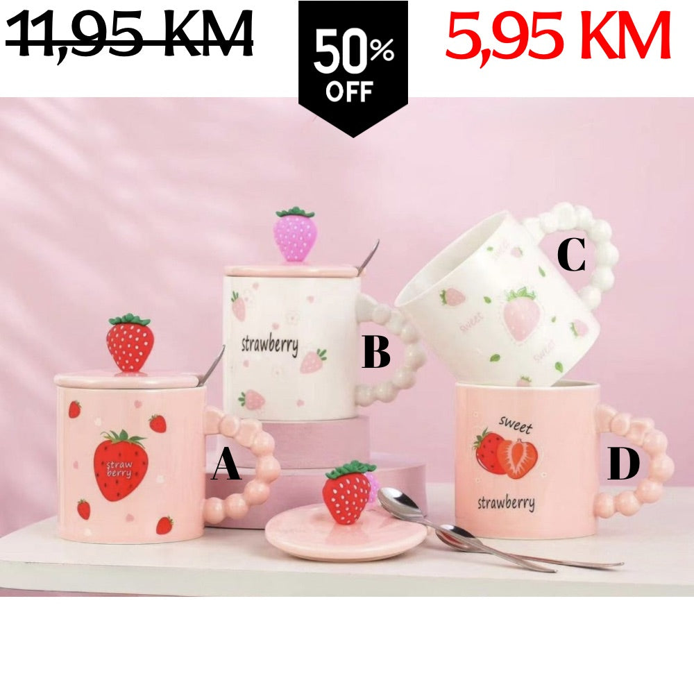 Roza keramička šolja set Jagoda s bisernim ručkama i poklopcem