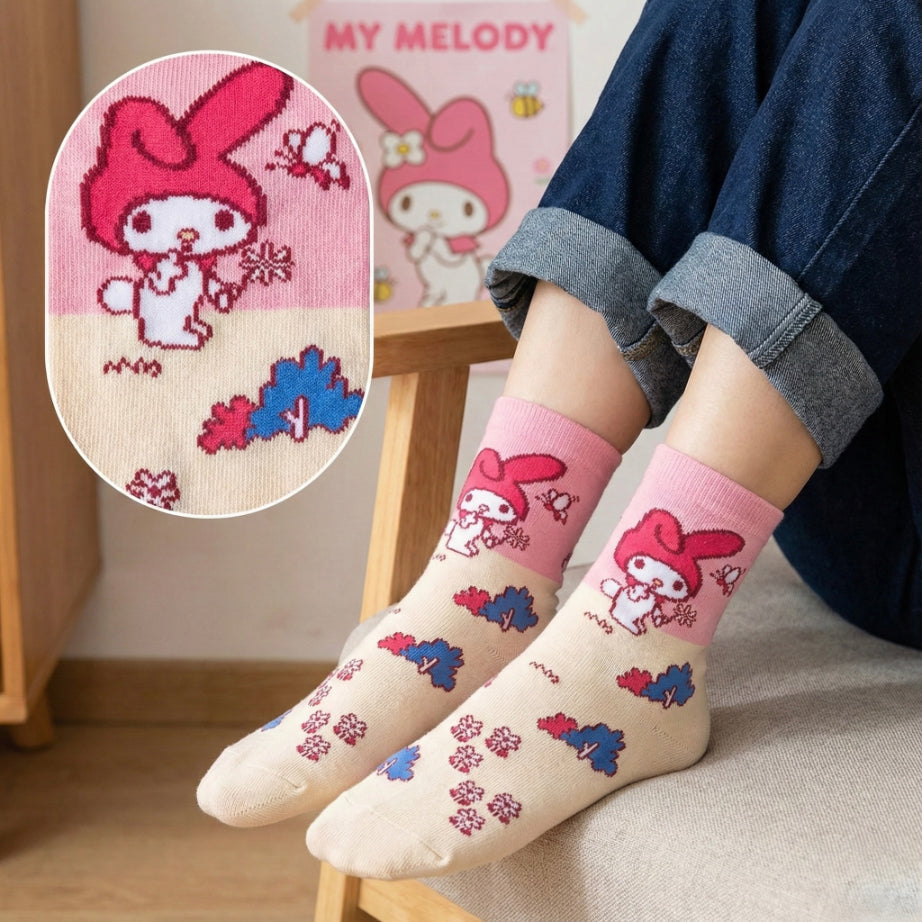 Rozdjevljeni pamučni čarape Hello Kitty Melody s ružičastim ušima i cvjetnim uzorcima